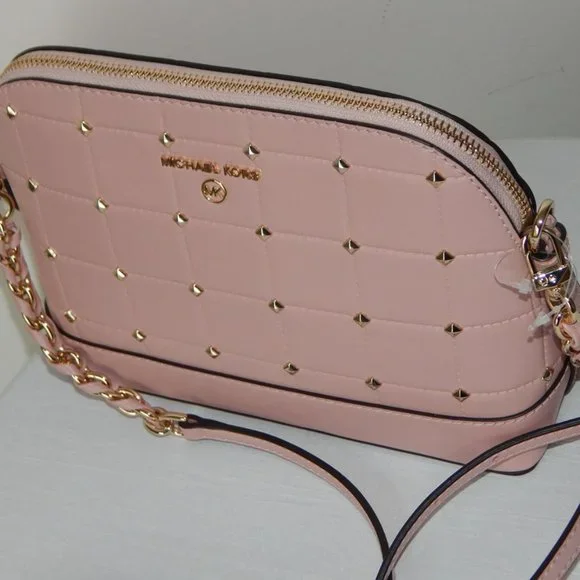 NWT Michael Kors Jet Set Charm LG Dome Crossbody Studs Quilted Leather Bag Rose